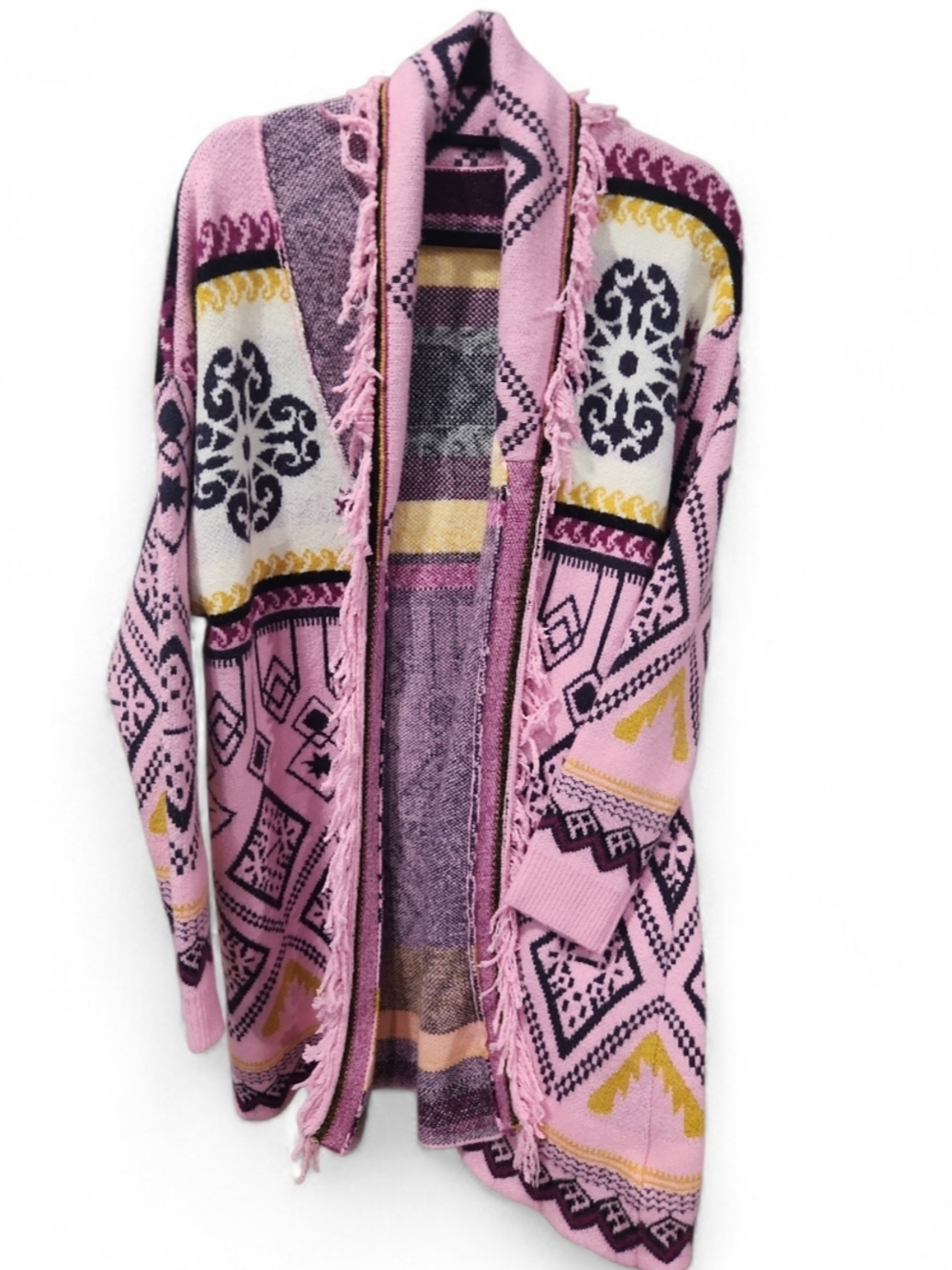 SHEIN Pink Geometric Open-Front Fringe Cardigan